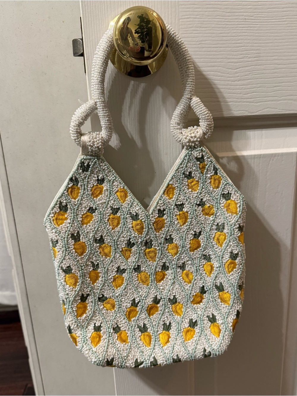 Beaded Mini Shoulder Bag in White with Yellow Lemon Motif